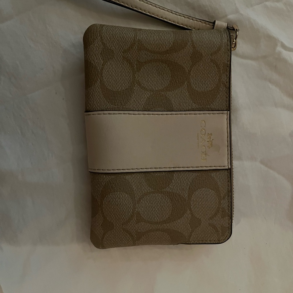 Coach Beige Wristlet with Cream Stripe